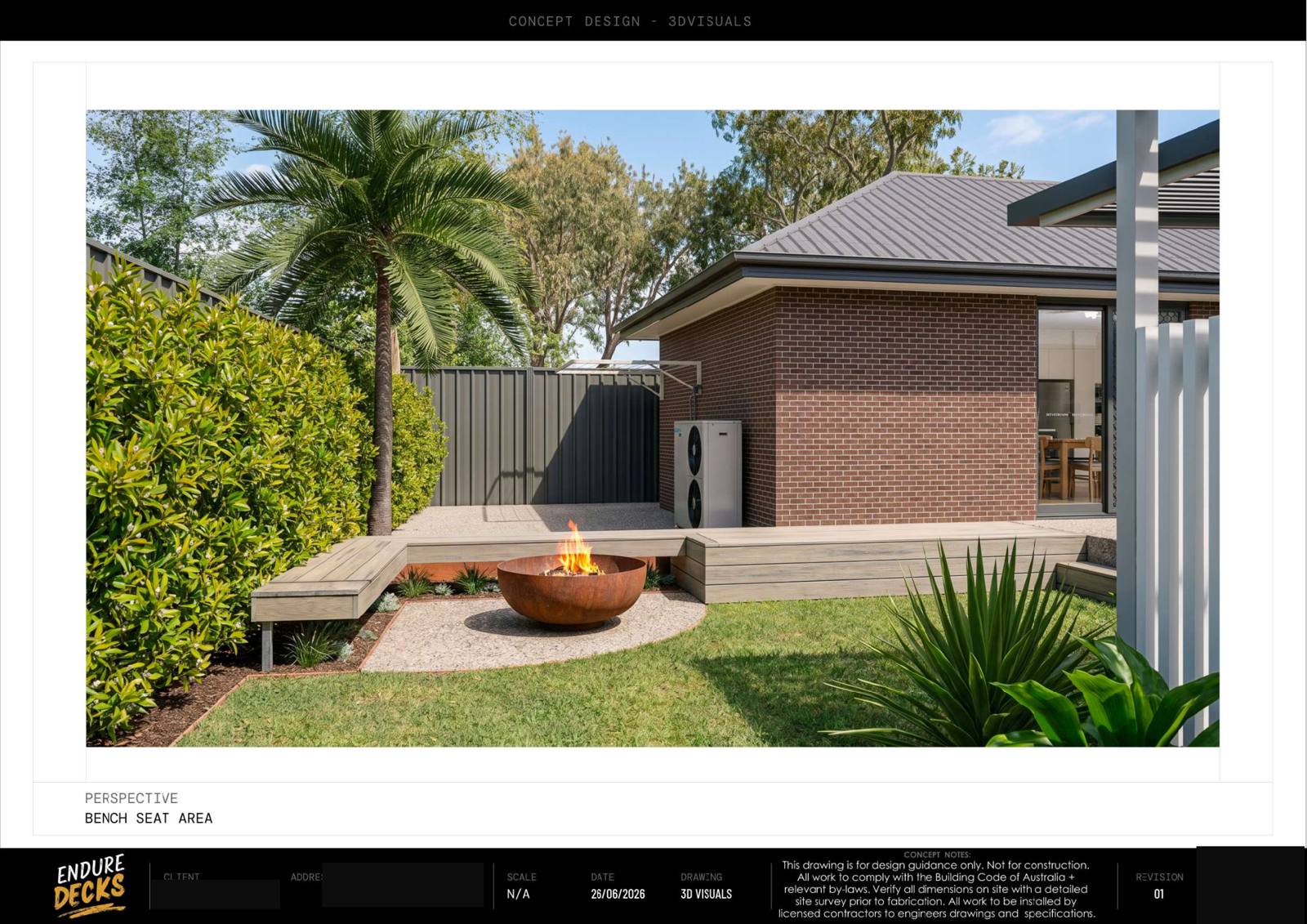 Willetton concept design — 3D visual — bench seat & fire pit