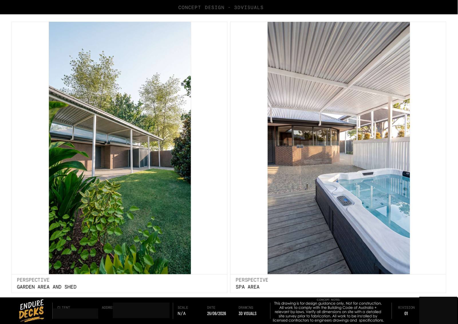 Willetton concept design — 3D visual — spa & garden shed